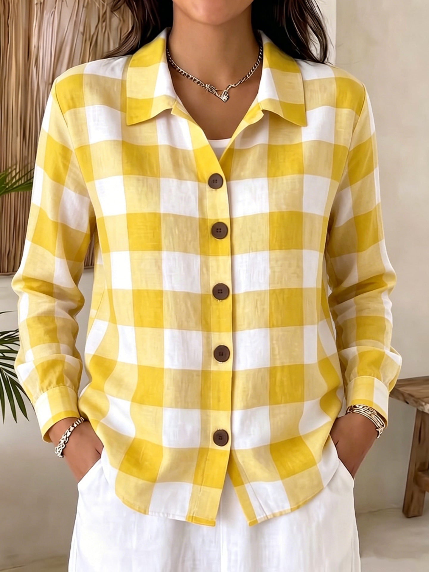 Bequeme Damen Langarm-Plaid-Shirt mit Knöpfen