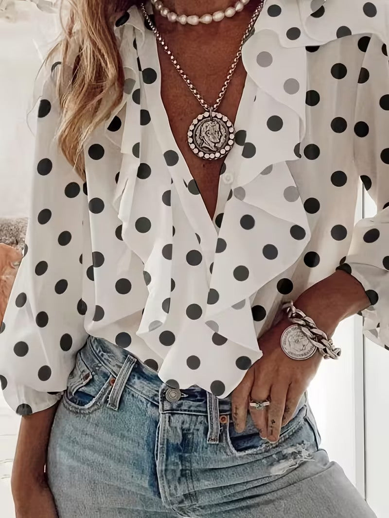 Damen Polka-Dot Langarm-Shirt mit V-Ausschnitt