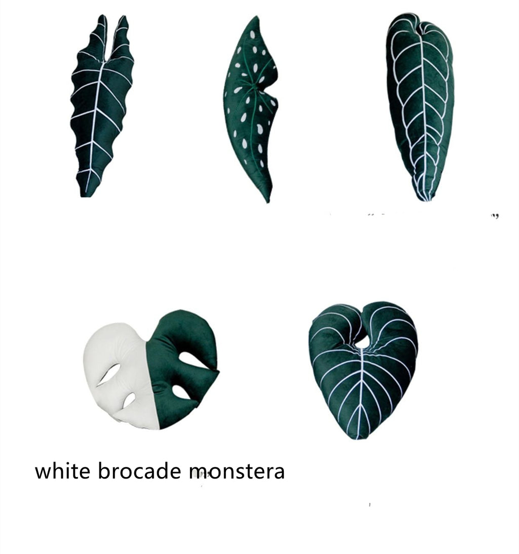 Monstera Kissen, weiss, Brokat