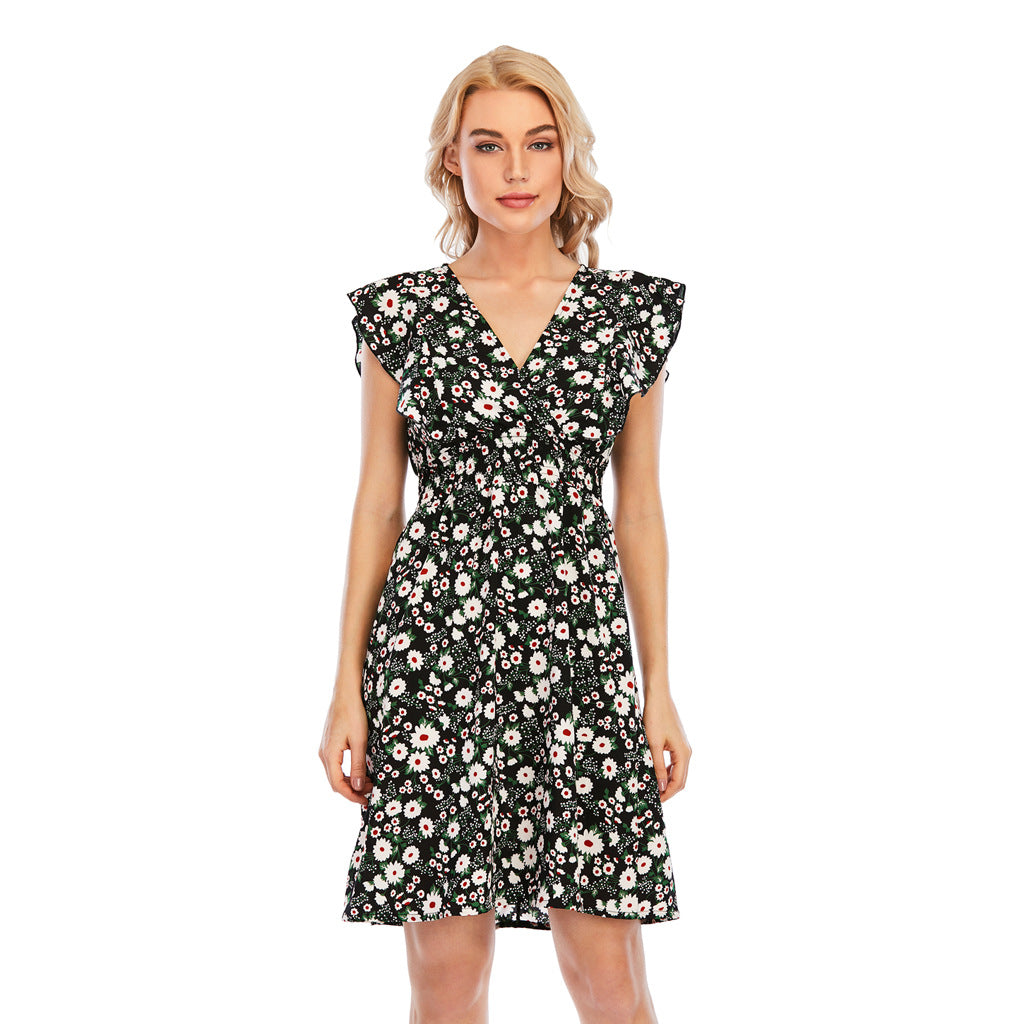 V-Ausschnitt Chiffon Ärmelloses Rüschenkleid