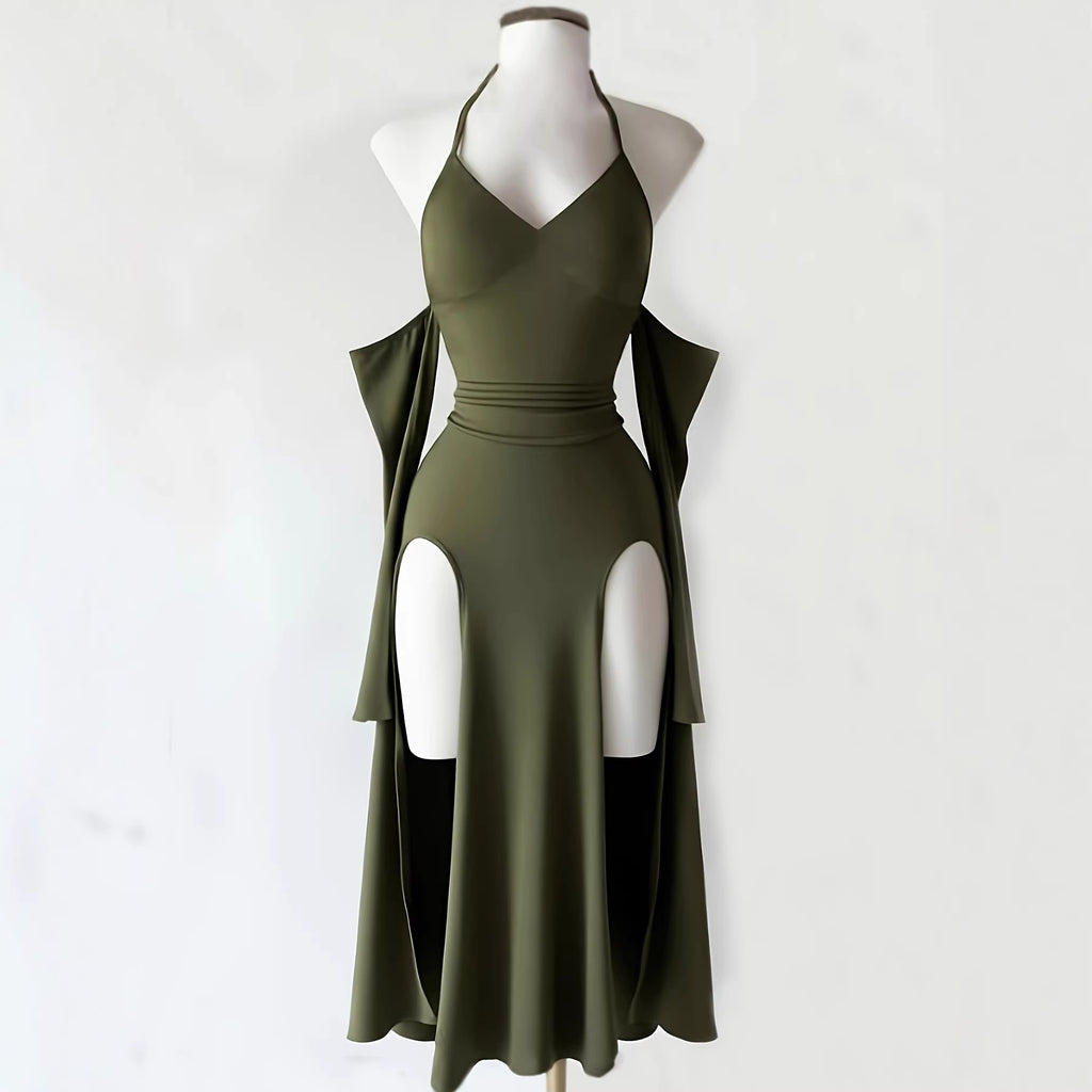 Halterneck Off-Shoulder Schlitz-Kleid – Bild 7 | LuxeStyle