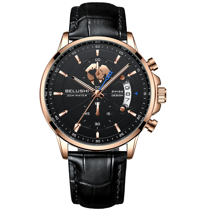 Business Herrenuhr mit Leuchtzeigern und Lederarmband