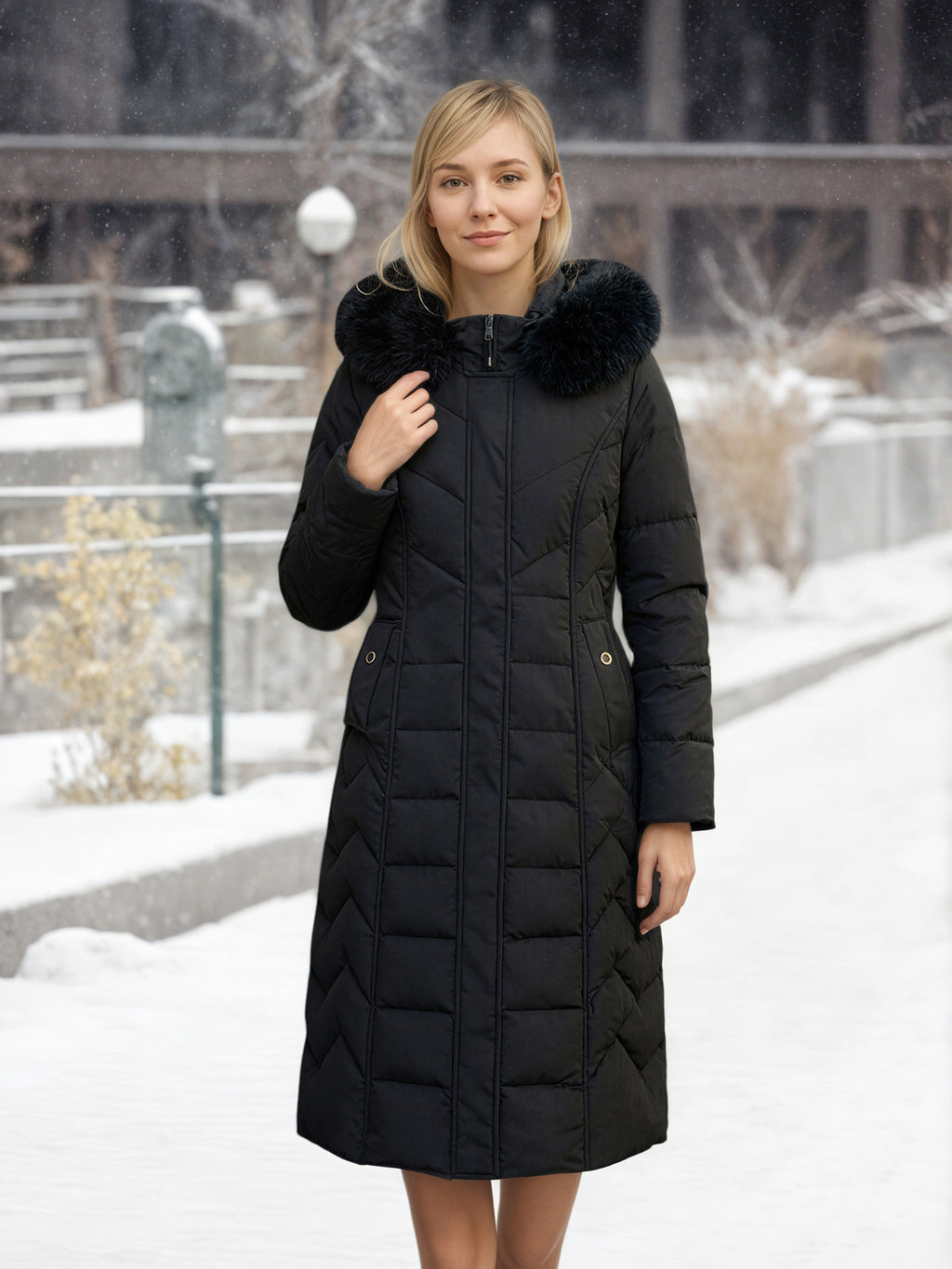 Schwarzer Langmantel mit Fellkragen – Bild 2 | LuxeStyle