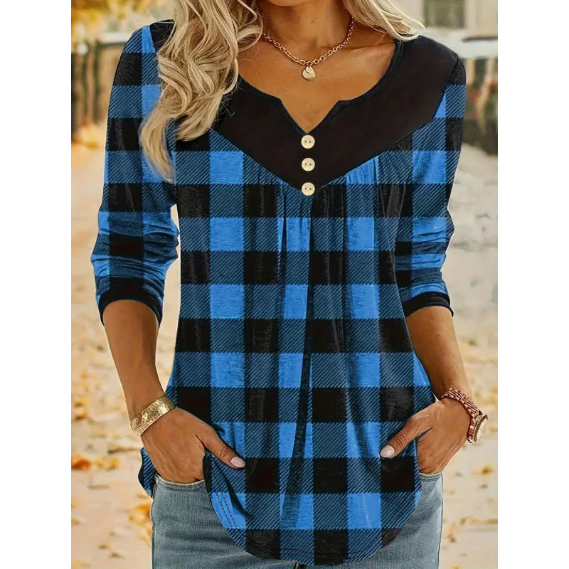 Lässiges Langarmshirt mit Falten und Karomuster