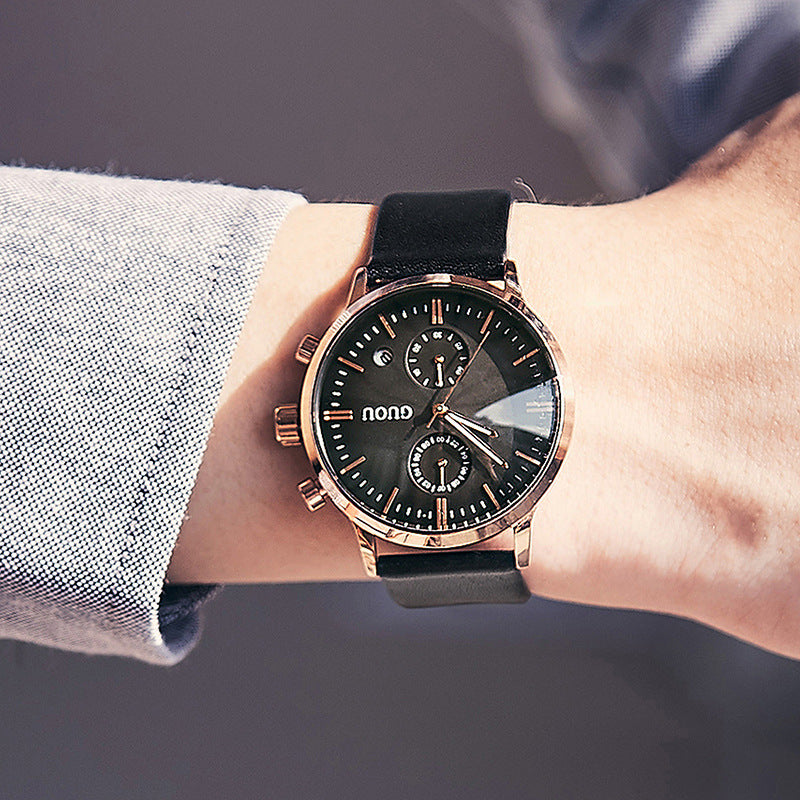 Quarz-Herrenuhr mit Kalender und Lederarmband – Bild 2 | LuxeStyle