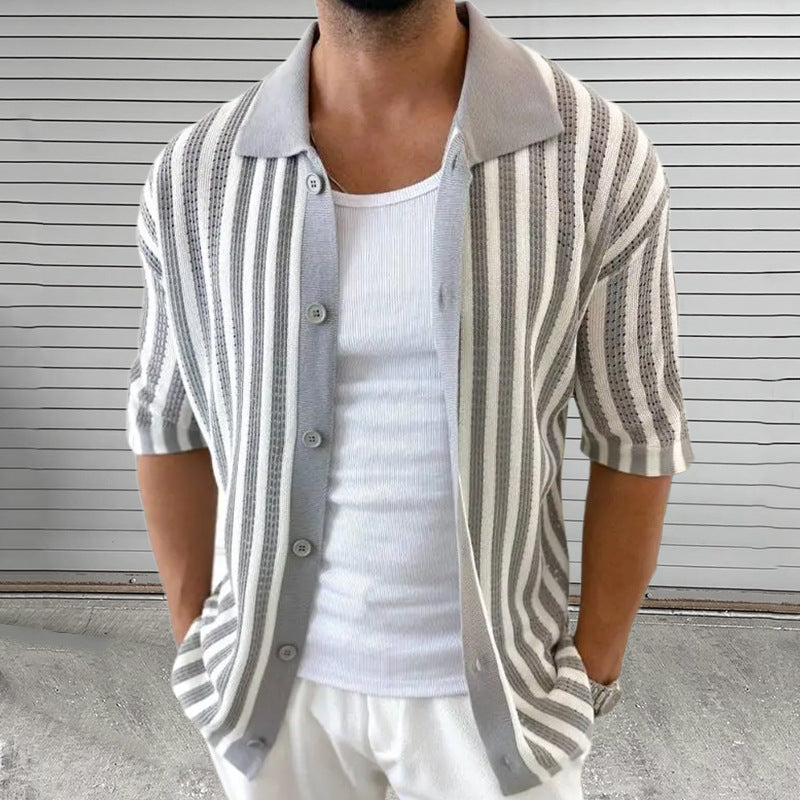 Herren Strickjacke Kurzarm Gestreift – Ansicht 2