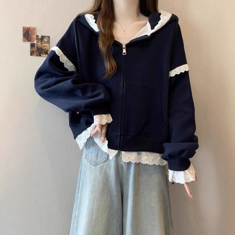 Damen-Pullover mit Spitze und Reissverschluss