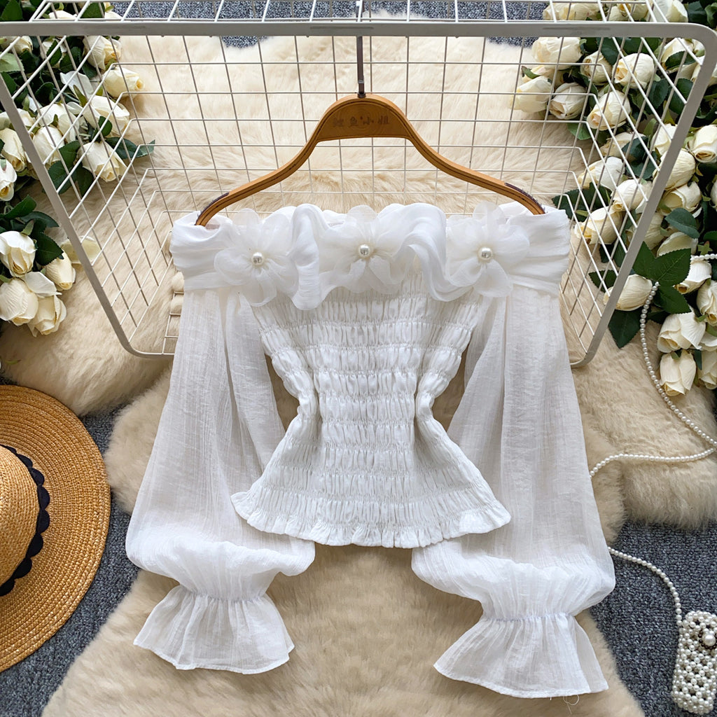 Chiffon-Bluse mit 3D-Blumen und Perlen