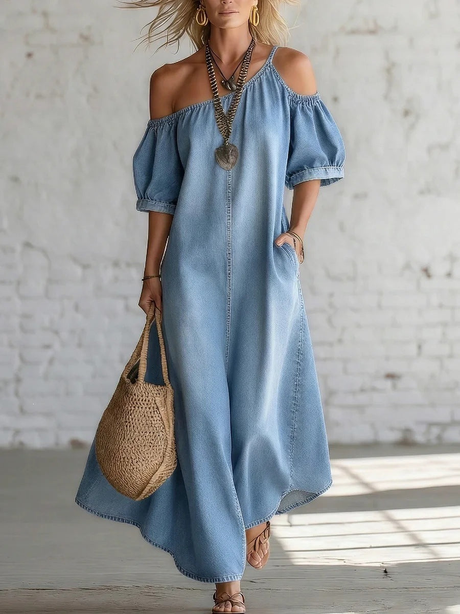 Chic Off-Shoulder Jeans-Maxikleid mit Schlitz – Bild 5 | LuxeStyle