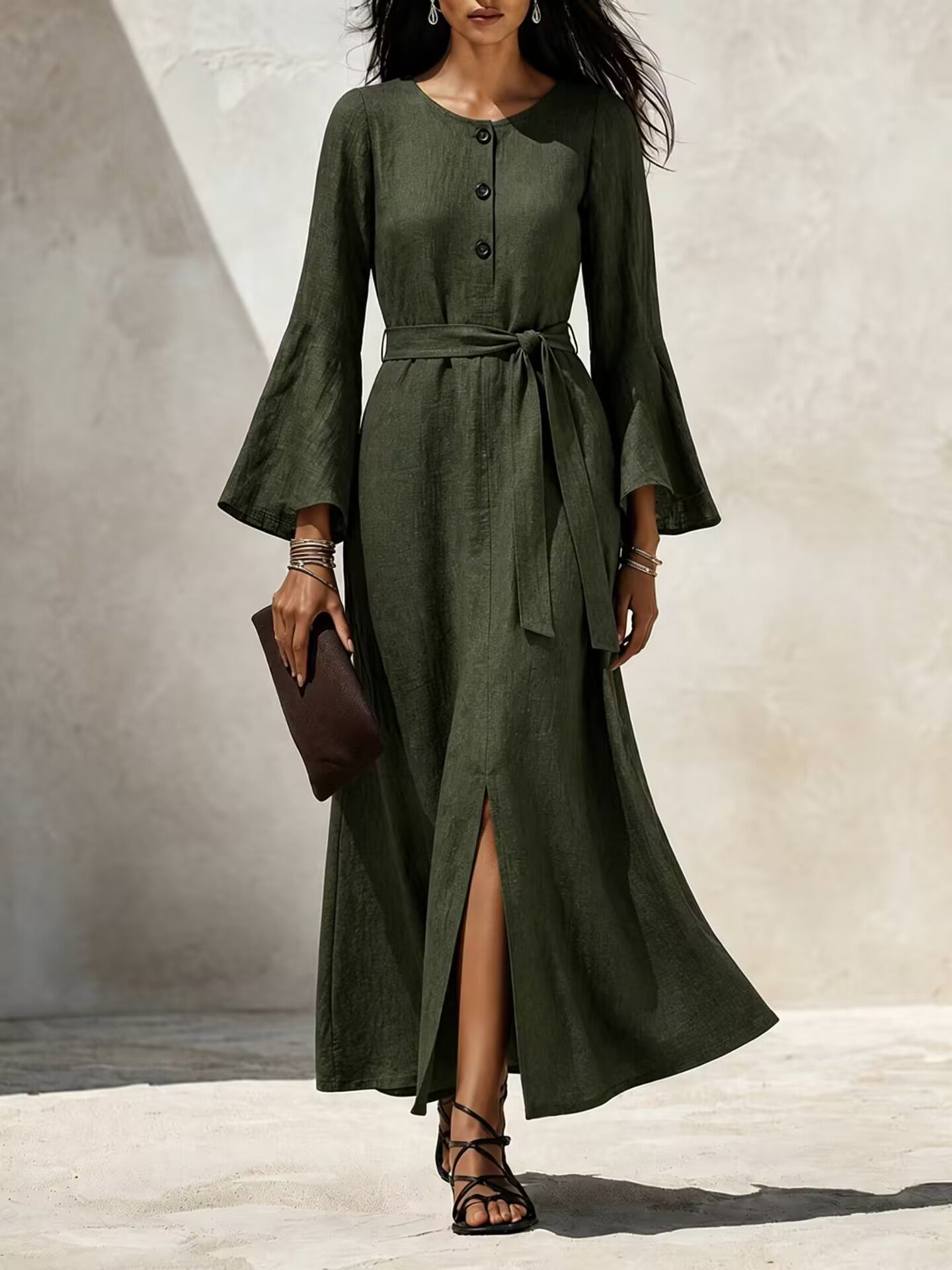 Damen Casual Leinenkleid mit ausgestellten Ärmeln