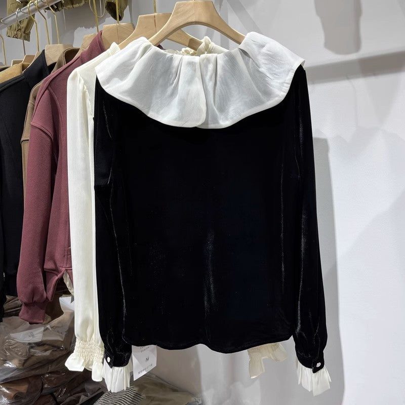 Lotusblatt-Kragen Patchwork Goldvelours-Shirt | LuxeStyle