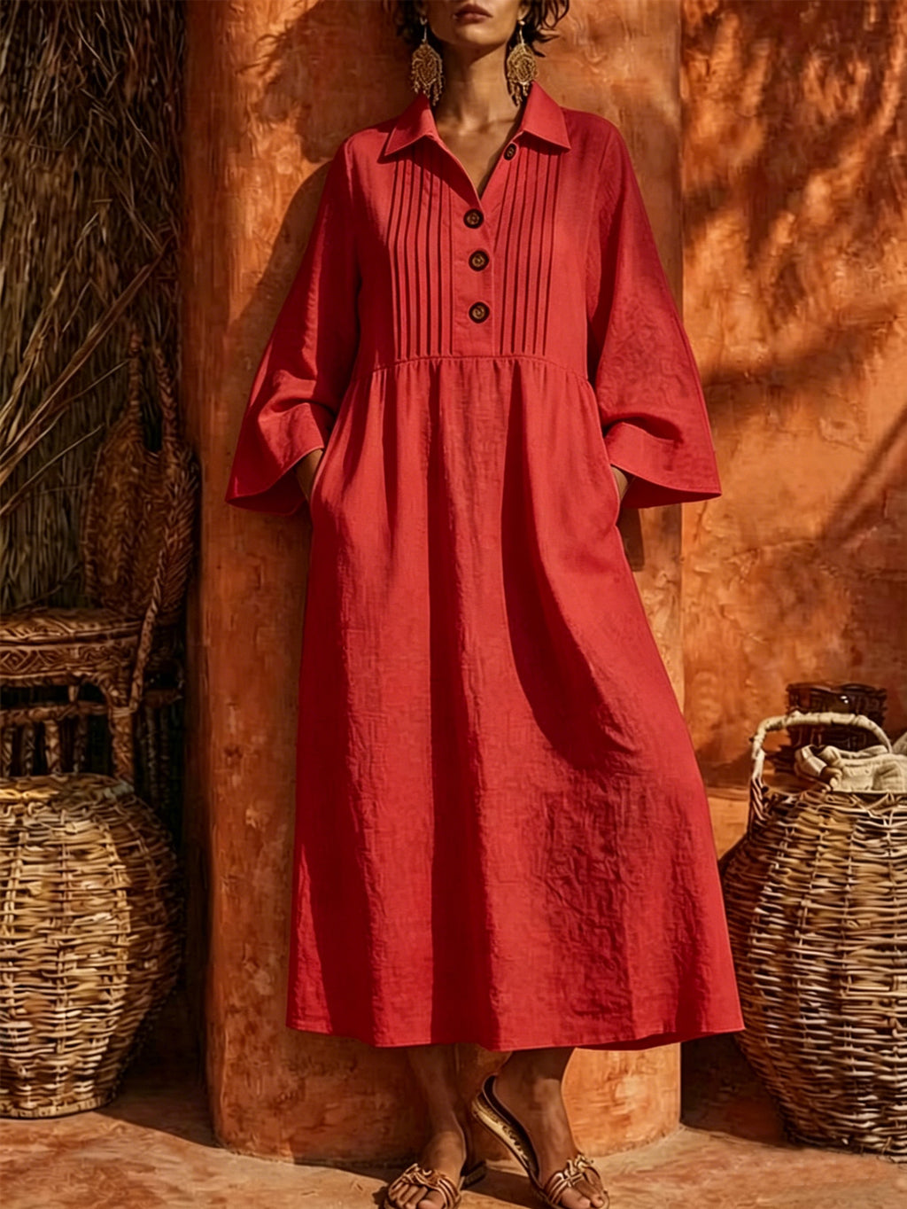Langes V-Neck Freizeitkleid mit Knopfleiste – Bild 3 | LuxeStyle