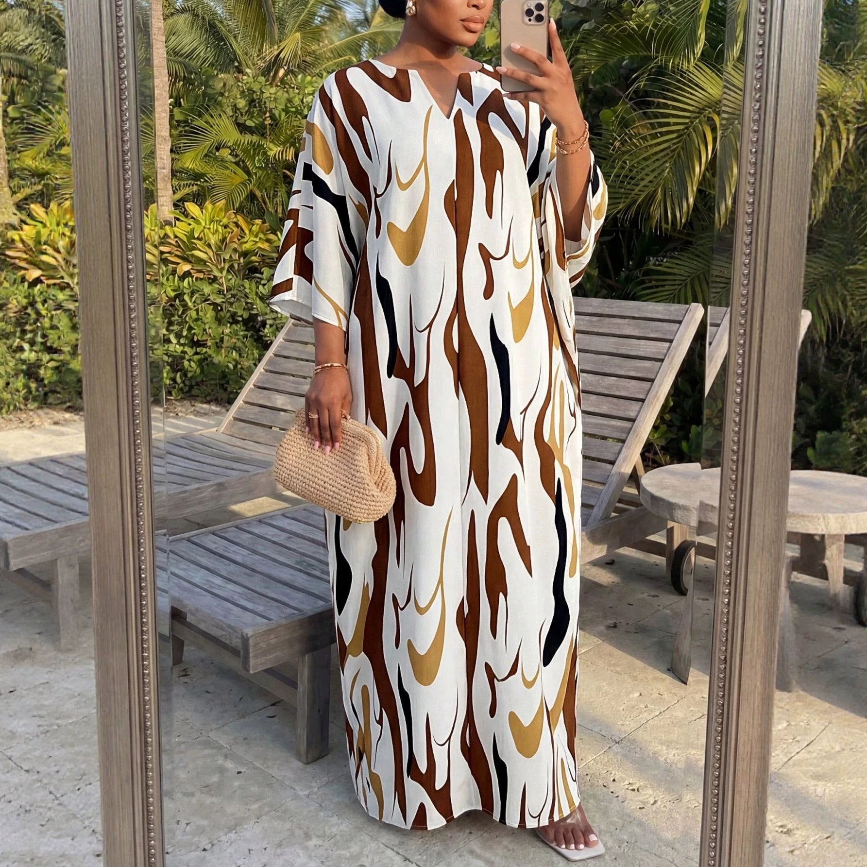 Elegantes V-Ausschnitt A-Linien Kleid mit Print