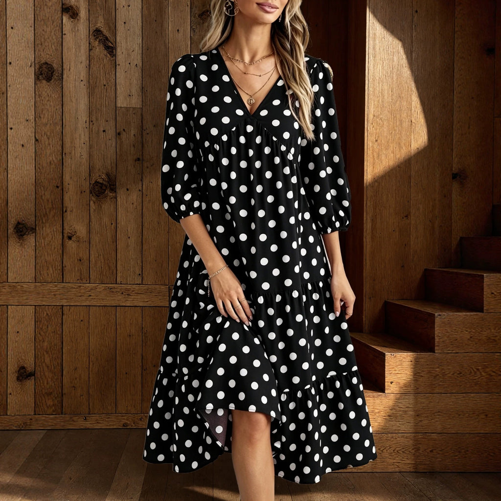 Gepunktetes V-Ausschnitt Freizeitkleid mit 3/4-Ärmeln – Bild 10 | LuxeStyle
