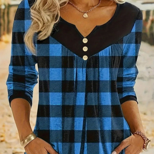 Lässiges Langarmshirt mit Falten und Karomuster