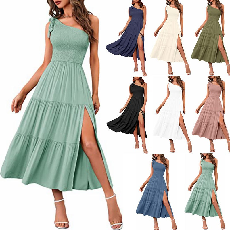 One-Shoulder Plissee-Kleid mit Schlitz