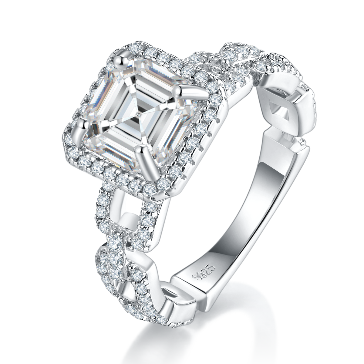 2,5 ct Asscher-Moissanit-Ring mit Halo-Band, platinvergoldet, US 5–9