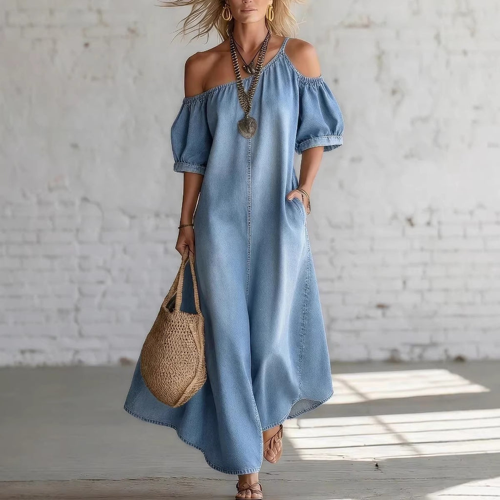 Chic Off-Shoulder Jeans-Maxikleid mit Schlitz – Bild 6 | LuxeStyle
