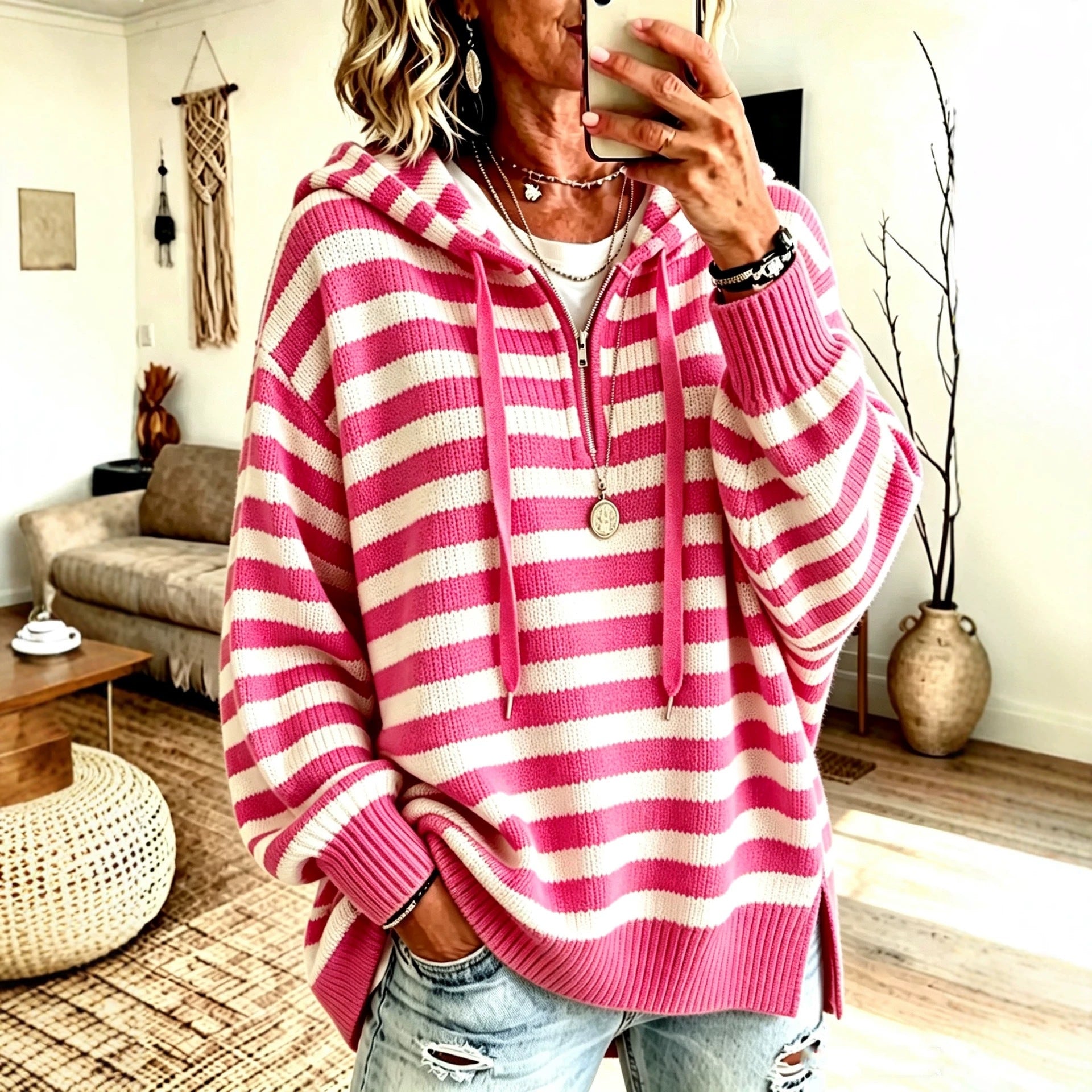 Gestreifter Half-Zip Pullover mit Stehkragen