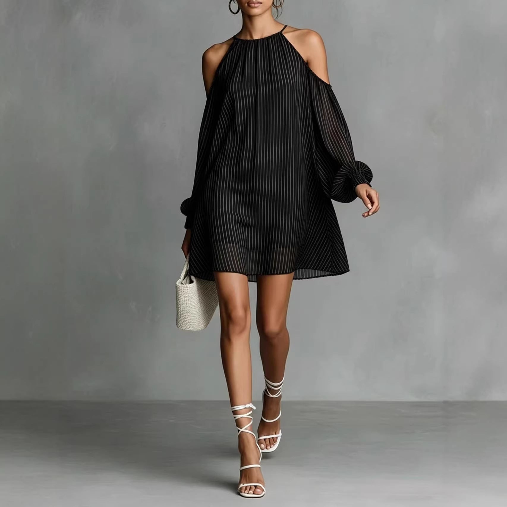 Off-Shoulder Gestreiftes Kurzarmkleid