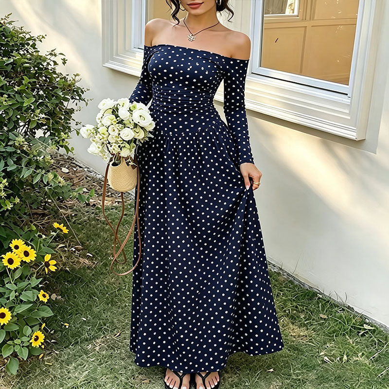 Off-Shoulder Polka-Dot Maxikleid