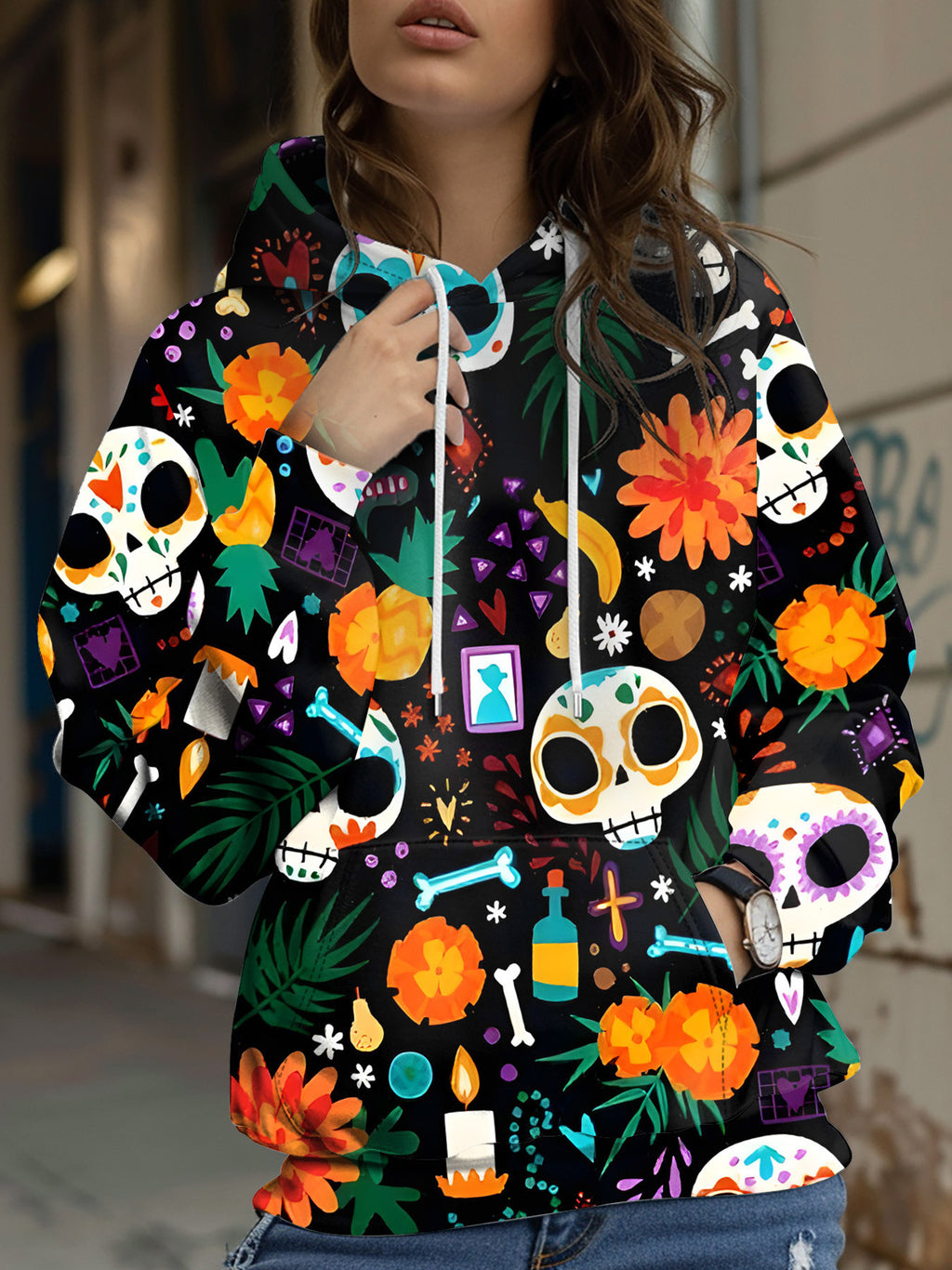 Tulpen-Print & Kartoon Schädel Hoodie Damen Herbst