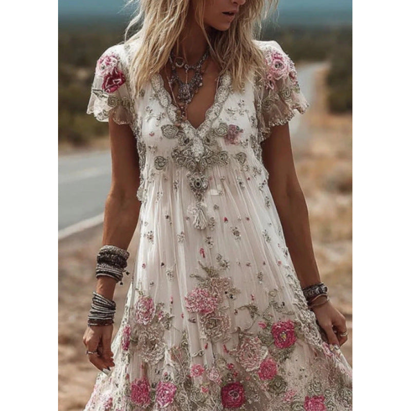 Geblümtes Midi-Kleid mit V-Ausschnitt und Spitze – Bild 2 | LuxeStyle