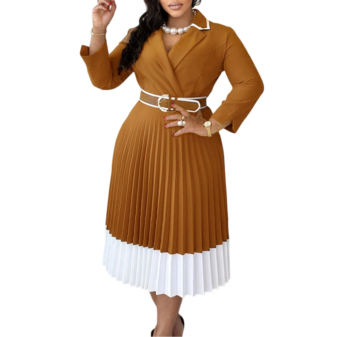 Color-Block Plisseekleid mit langen Ärmeln – Bild 4 | LuxeStyle