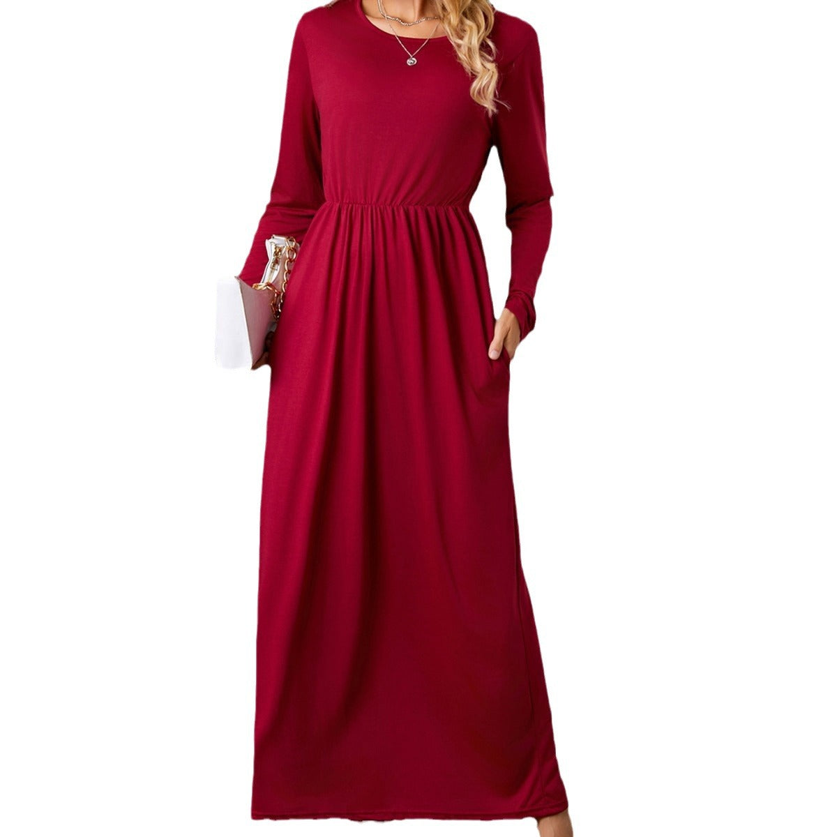 Maxikleid mit Rundhals, langen Ärmeln und Taschen