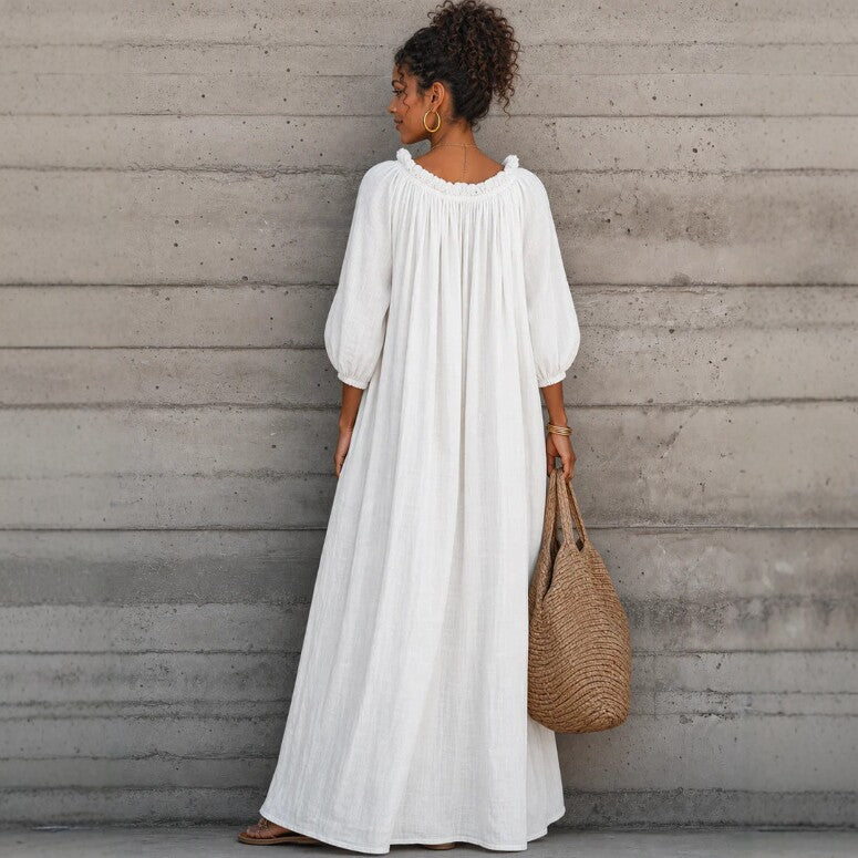 Langes V-Ausschnitt Baumwollkleid