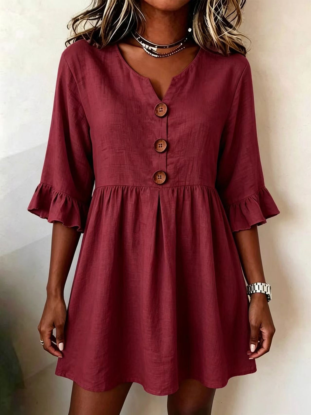 V-Ausschnitt Baumwoll-Leinen Midi-Kleid – Bild 1 | LuxeStyle
