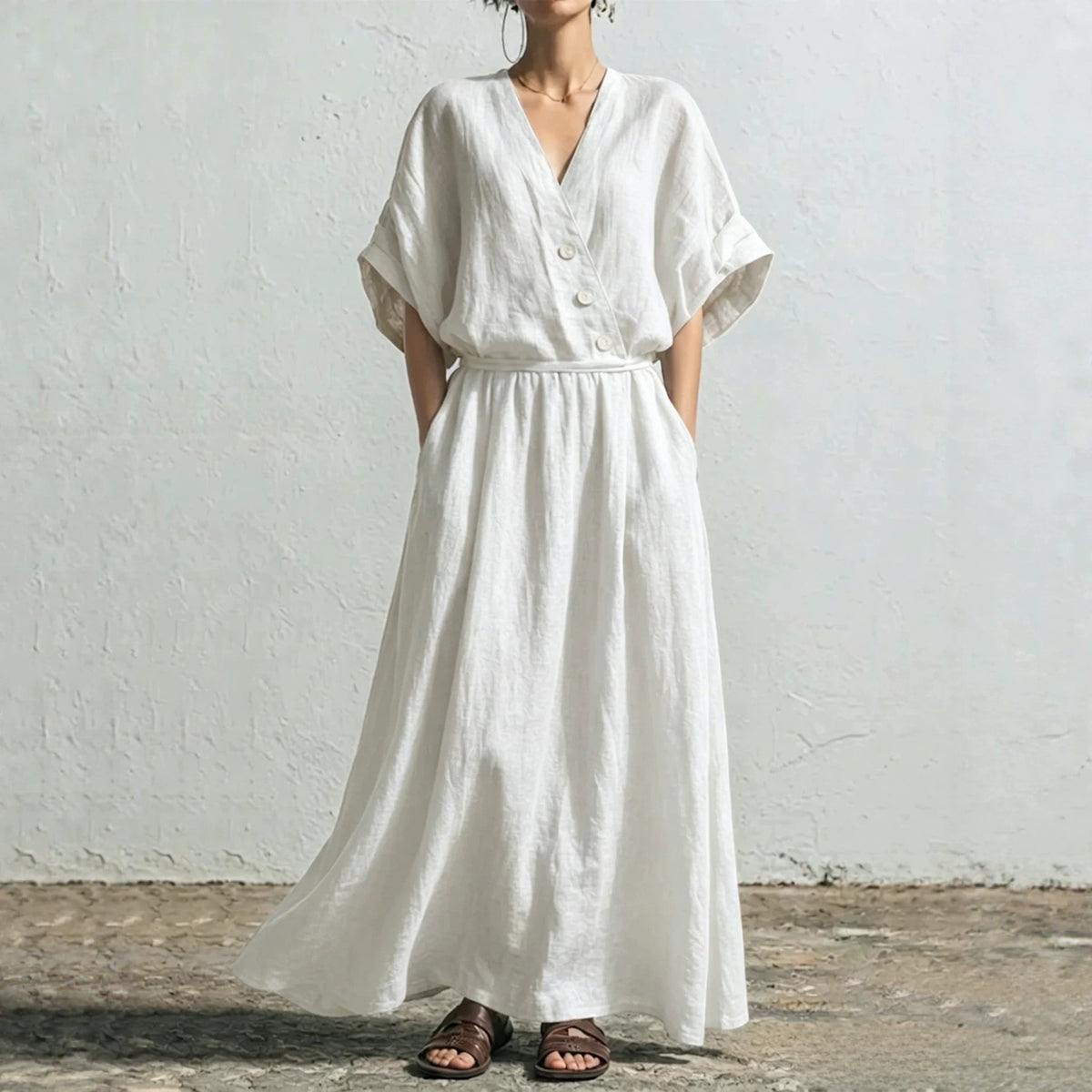 Weit sitzendes V-Ausschnitt-Kleid in Weiss – Bild 7 | LuxeStyle