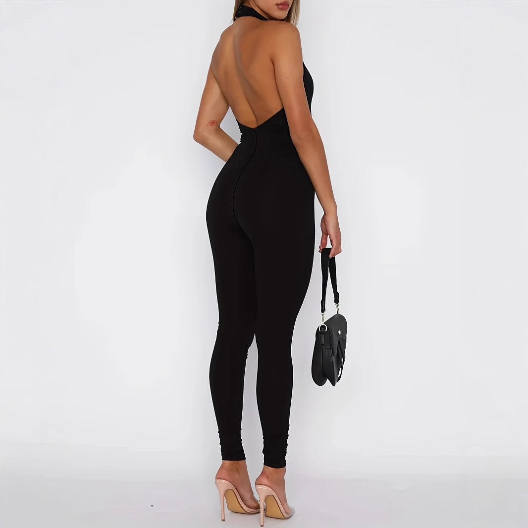 Damen Jumpsuit Neckholder Rückenfrei Slim-Fit