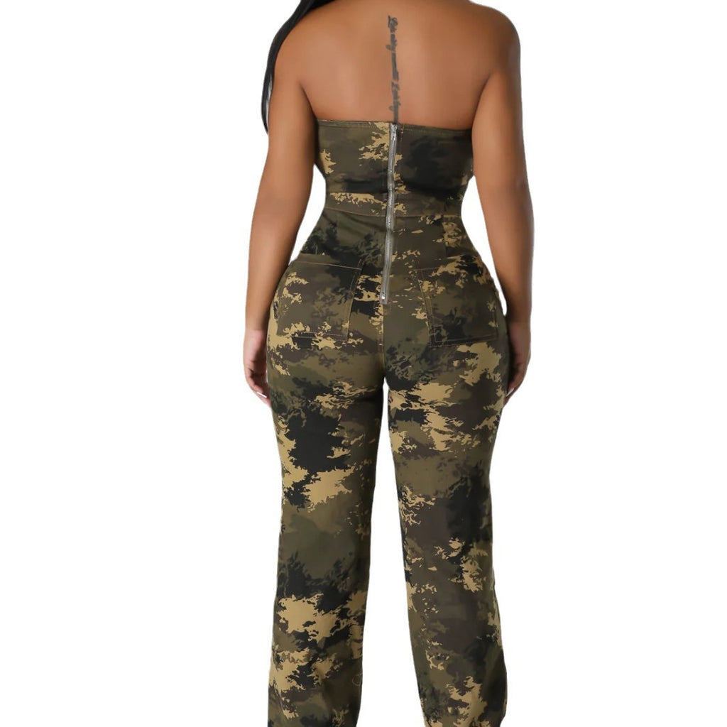 Off-Shoulder Camouflage Jumpsuit
