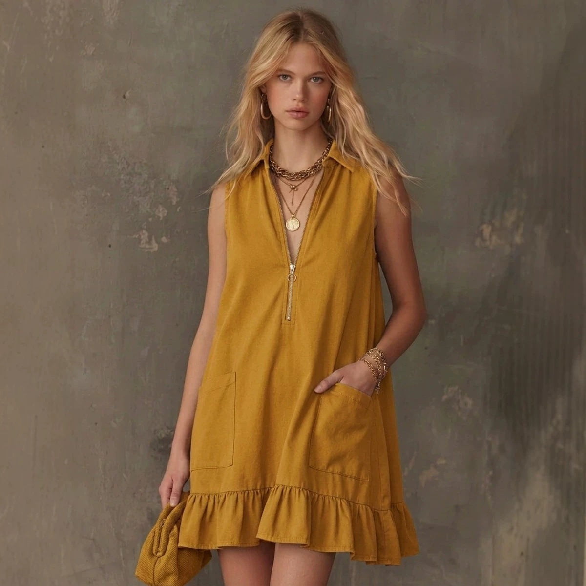 Ärmelloses V-Neck Rüschenkleid mit Taschen – Bild 10 | LuxeStyle