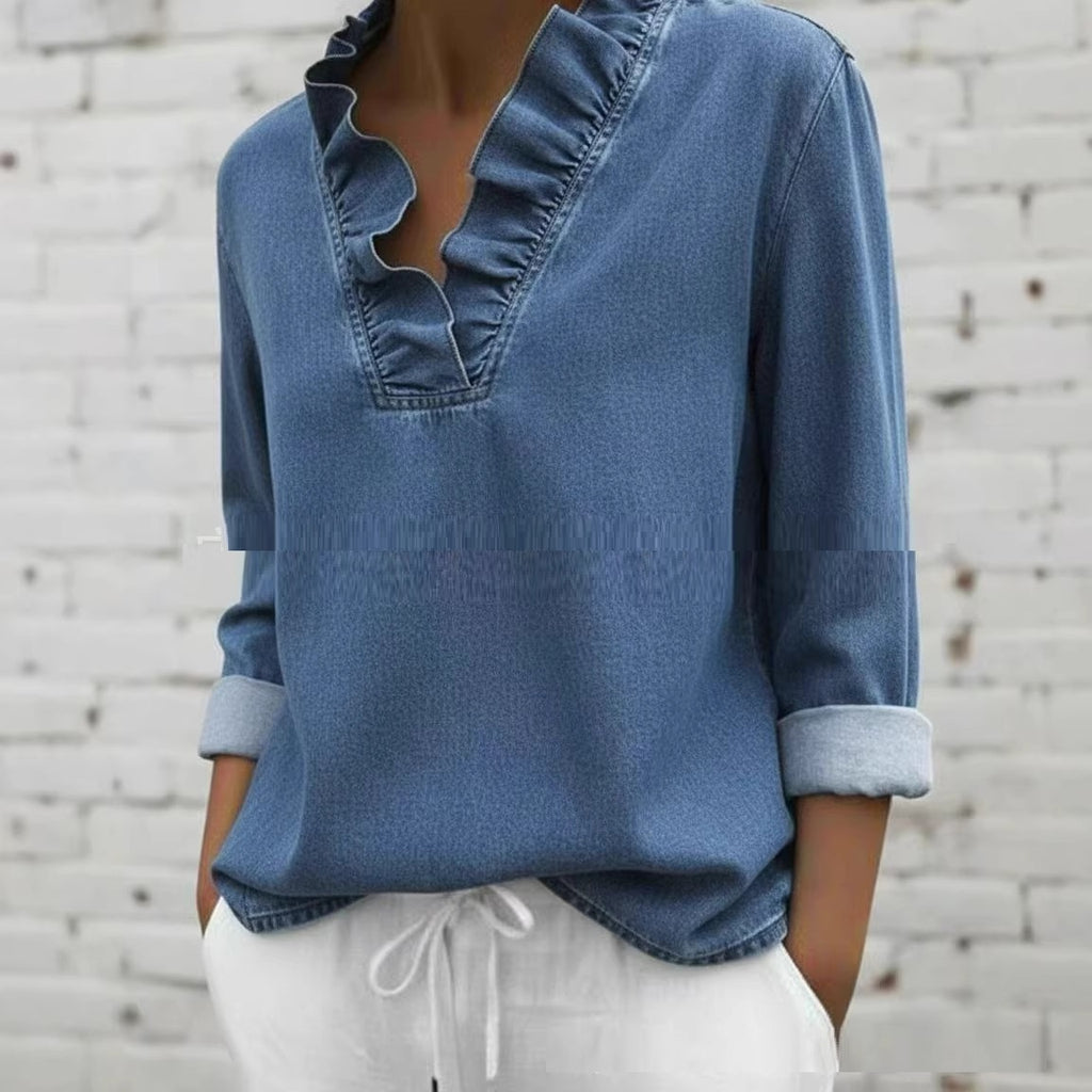 Denim-Rüschenbluse mit langen Ärmeln – Bild 6 | LuxeStyle