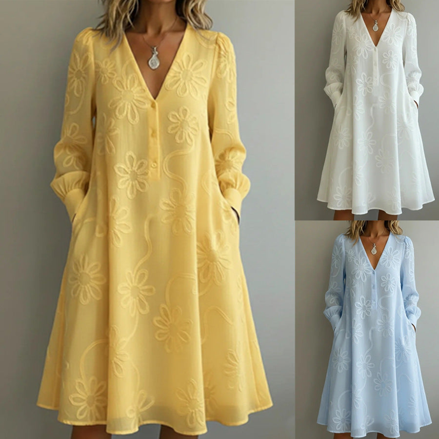 Elegantes Vintage Blumenstickerei V-Neck Kleid
