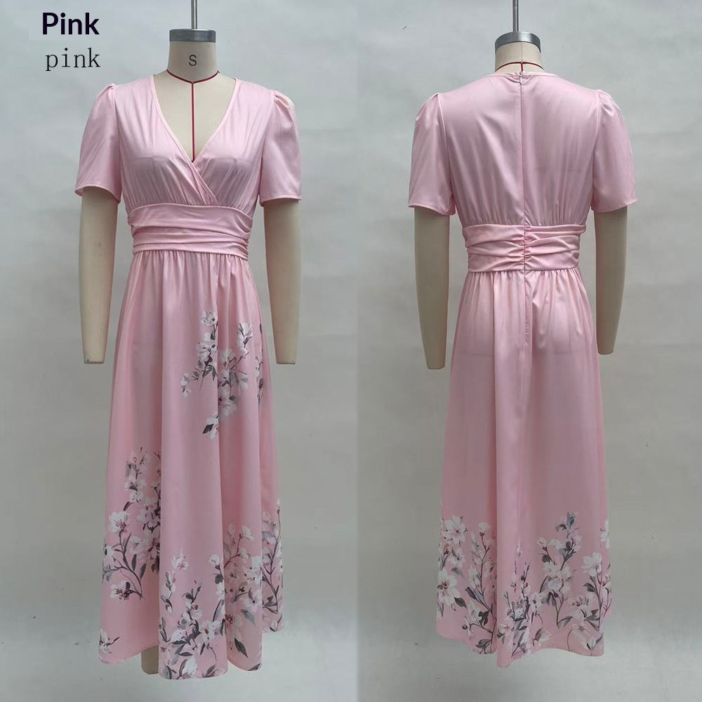 Lange Blumen-Kleid mit V-Hals