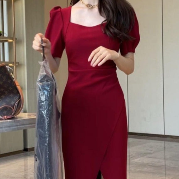 Midikleid mit Puffärmeln und Schlitz – Bild 3 | LuxeStyle