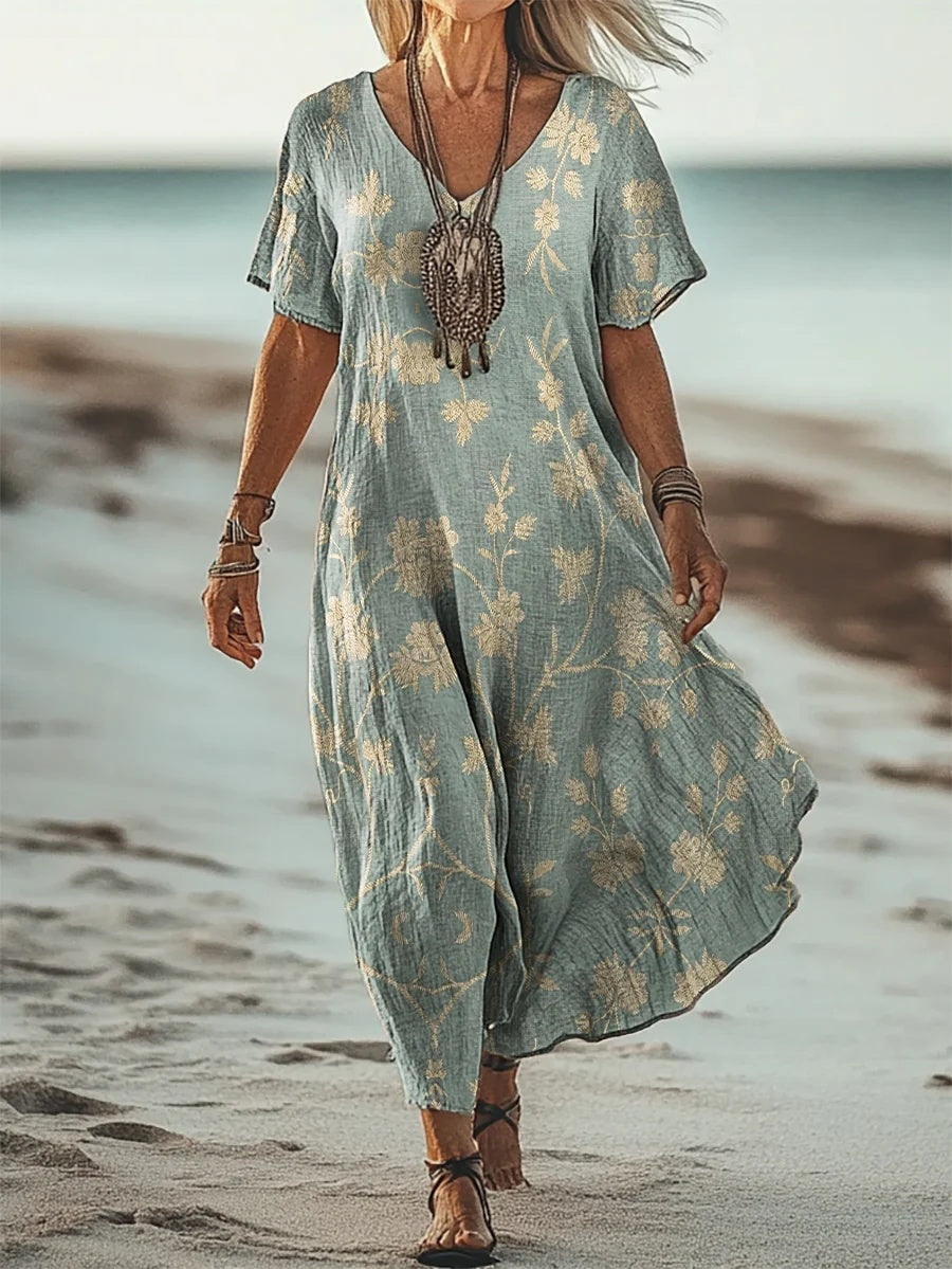 Geblümtes A-Linien Stretch-Kleid mit V-Ausschnitt
