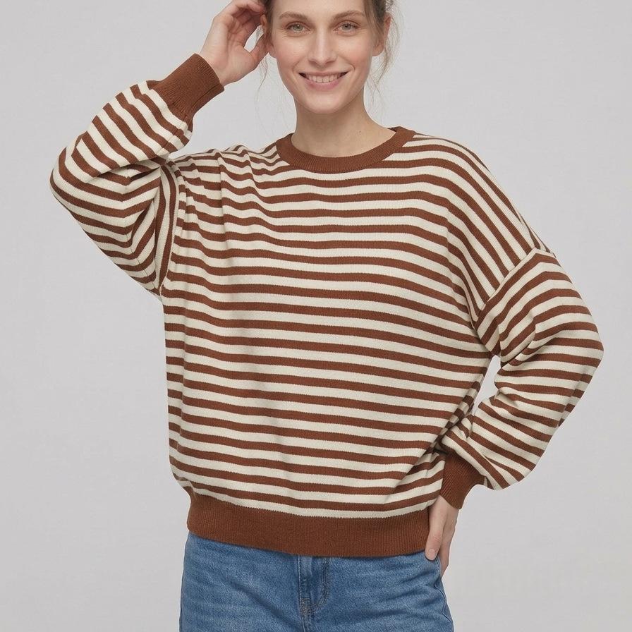 Rückenfreier gestreifter Color-Block Langarmstrickpullover