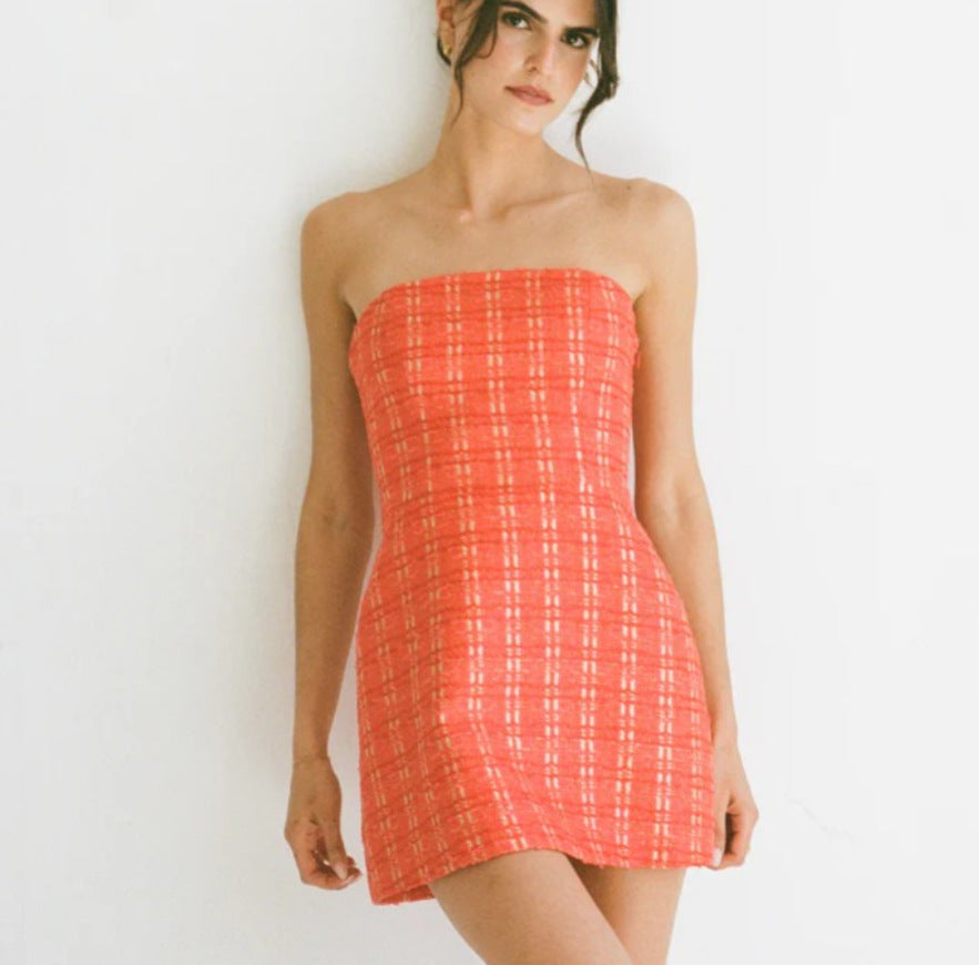Rotes Plaid-Kleid ohne Träger