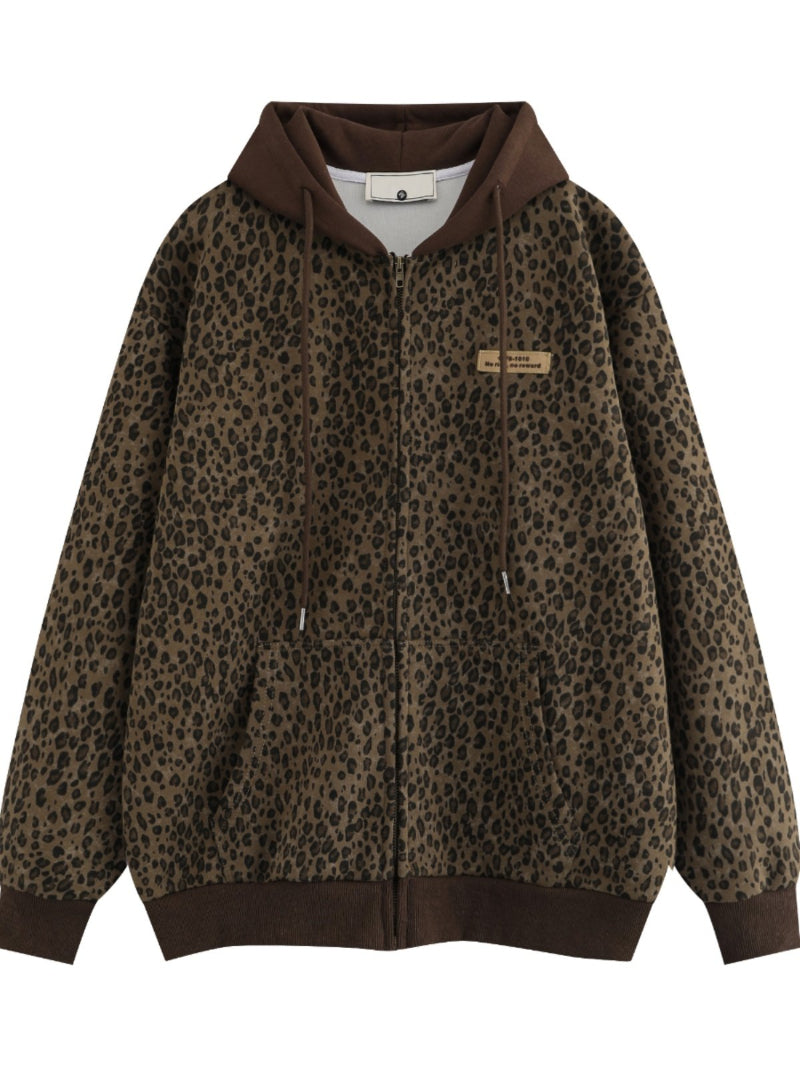 Retro Leopard-Print Cardigan mit Kapuze