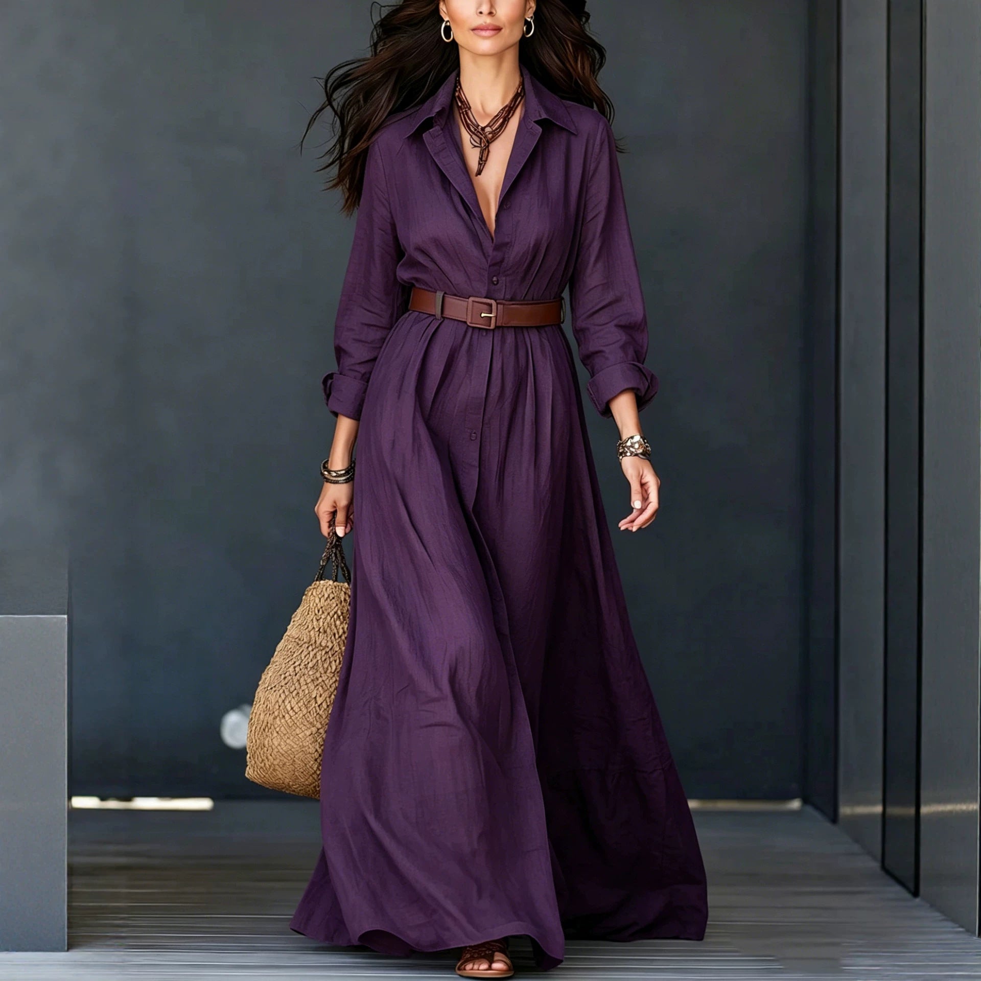 Langarm-Kleid mit Taillengürtel, elegant, lang, für Urlaub