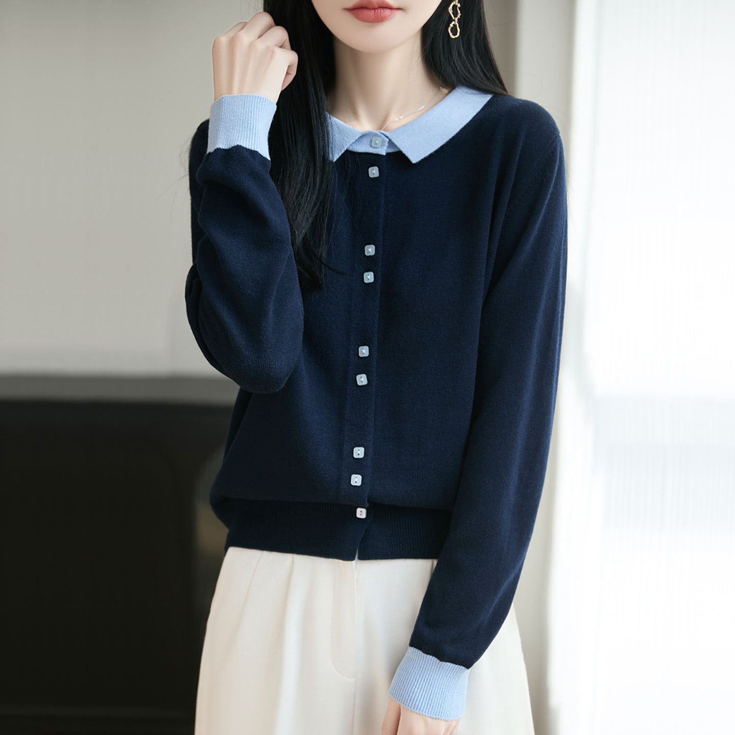 Strick-Cardigan mit Reverskragen und Farbblöcken – Ansicht 6