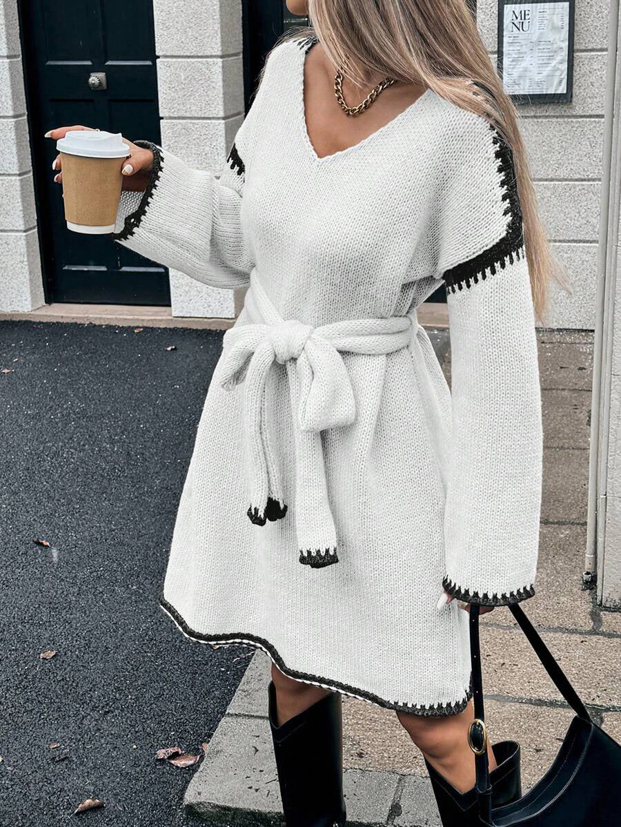 Midi-Kleid mit Farbblock und Taillengürtel – Bild 2 | LuxeStyle