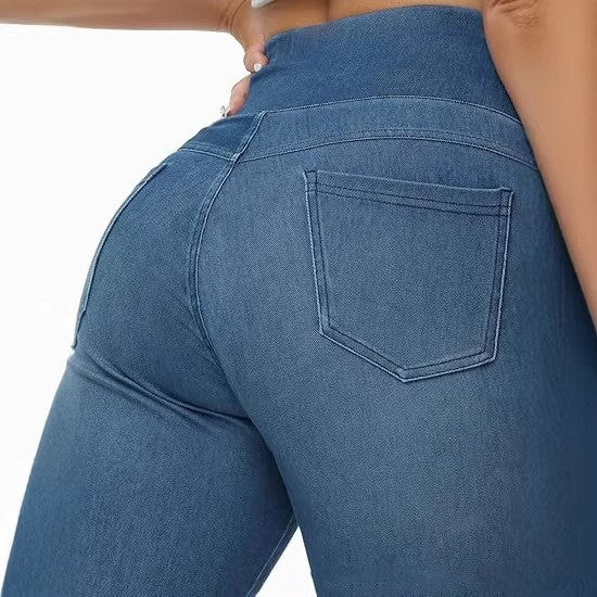 Hohe, elastische Faux-Denim-Hosen