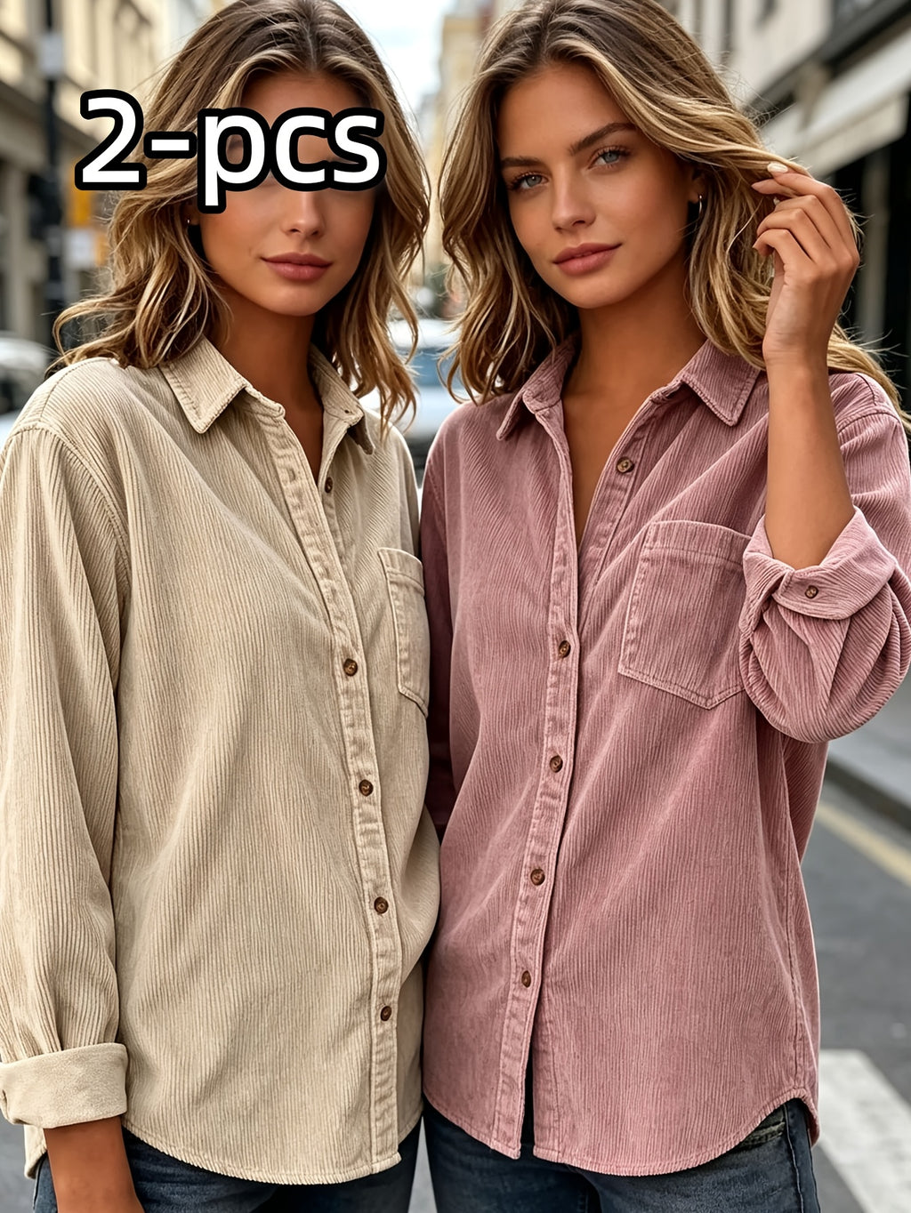 Corduroy Shirt mit Streifenkragen, lange Ärmel – Bild 3 | LuxeStyle