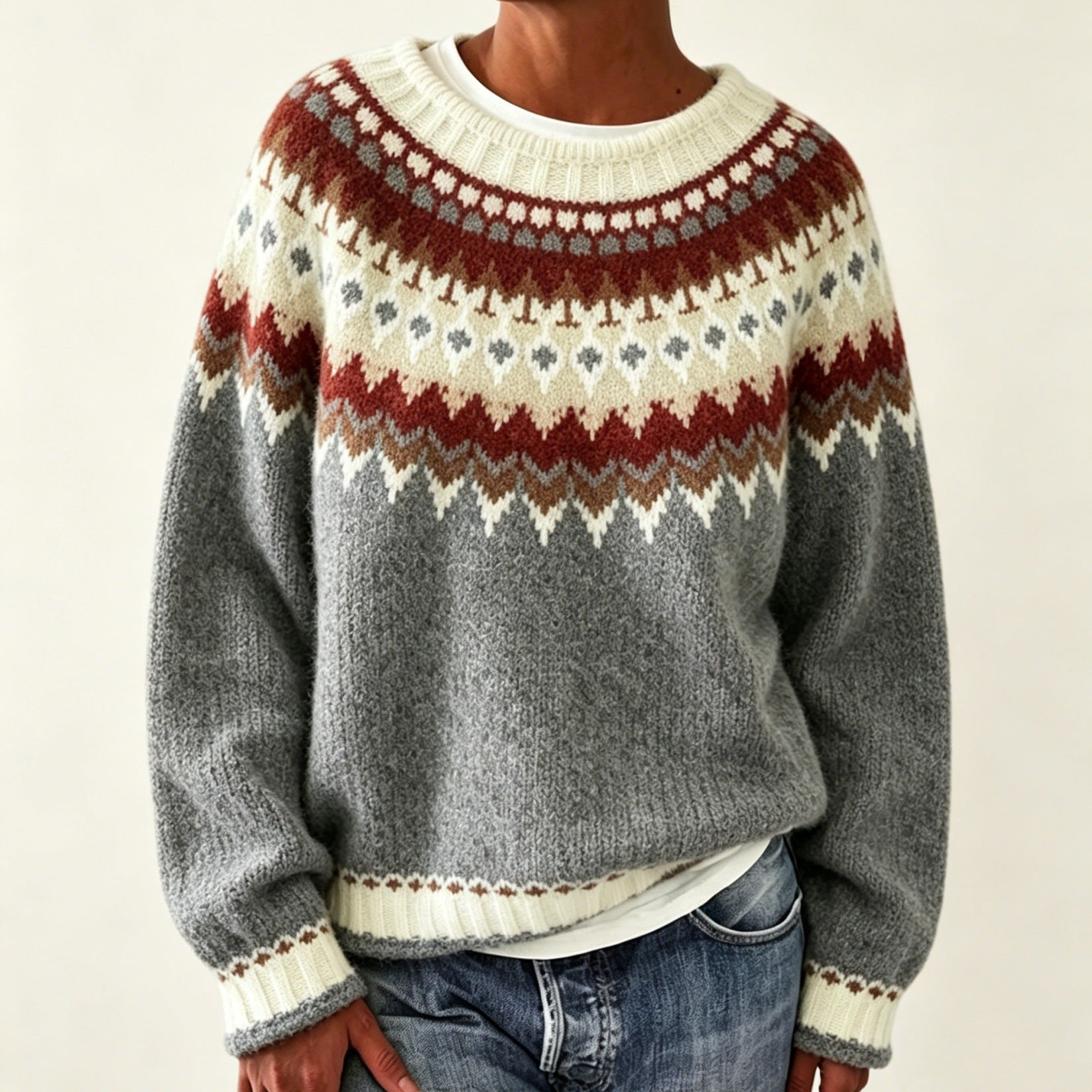 Rundhals-Pullover mit Farbblock-Design