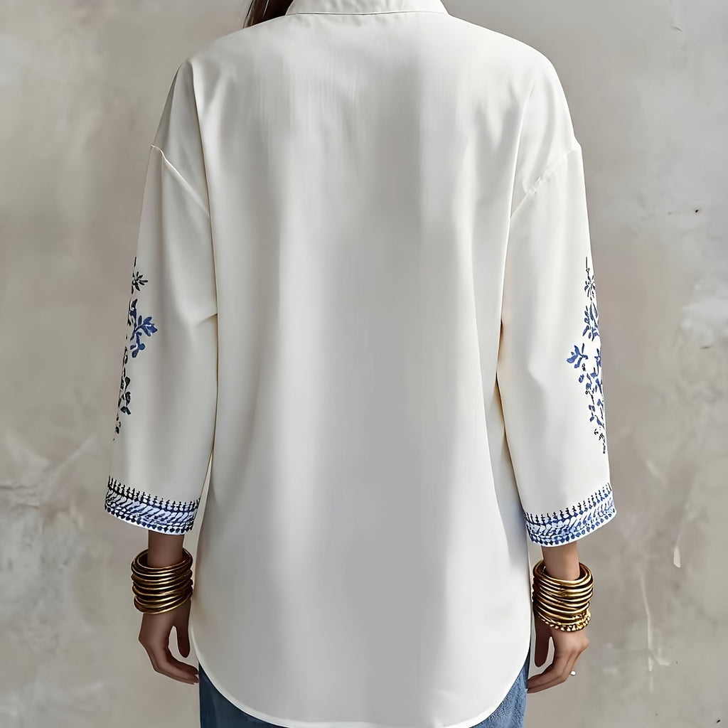 Blau-weisses Langarmshirt mit Porzellan-Print – Bild 2 | LuxeStyle